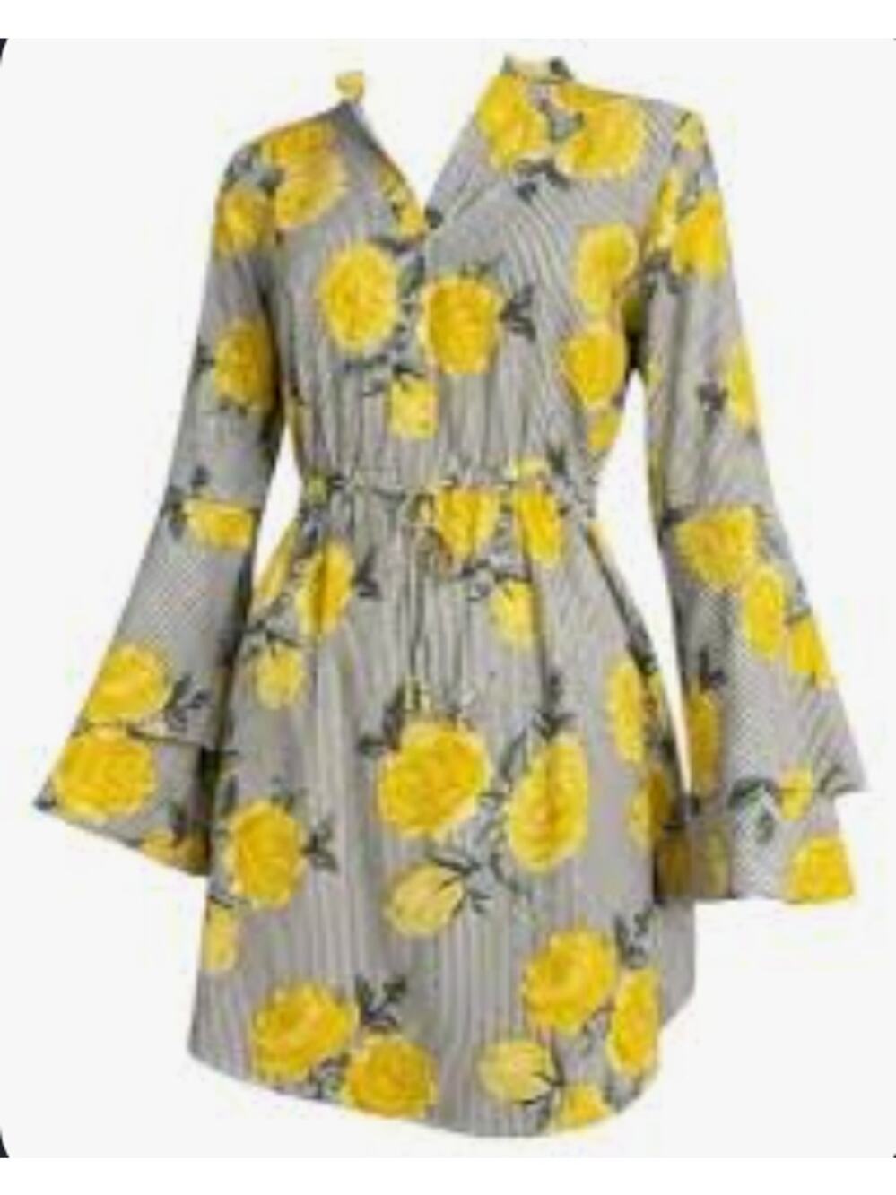 0 XS S blush floral yellow flutter bell sleeve tie off the shoulder short dress